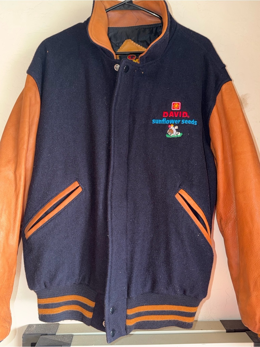 Vintage David Sunflower Seeds Varsity Wool Jacket XL Blue Premium Leather